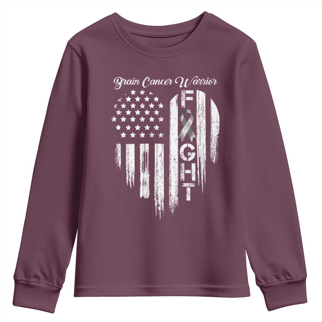 Brain Cancer Warrior Youth Sweatshirt Fight Gray Ribbon American Flag Heart