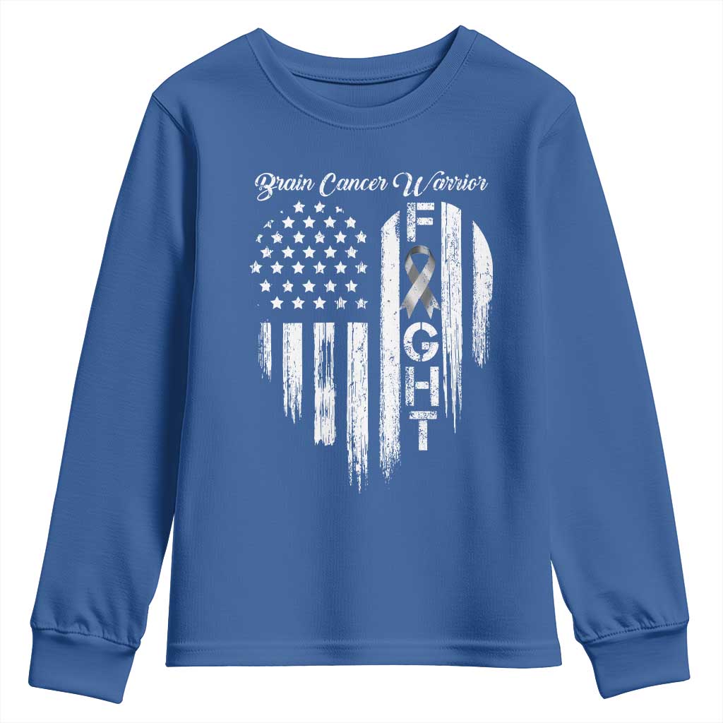 Brain Cancer Warrior Youth Sweatshirt Fight Gray Ribbon American Flag Heart