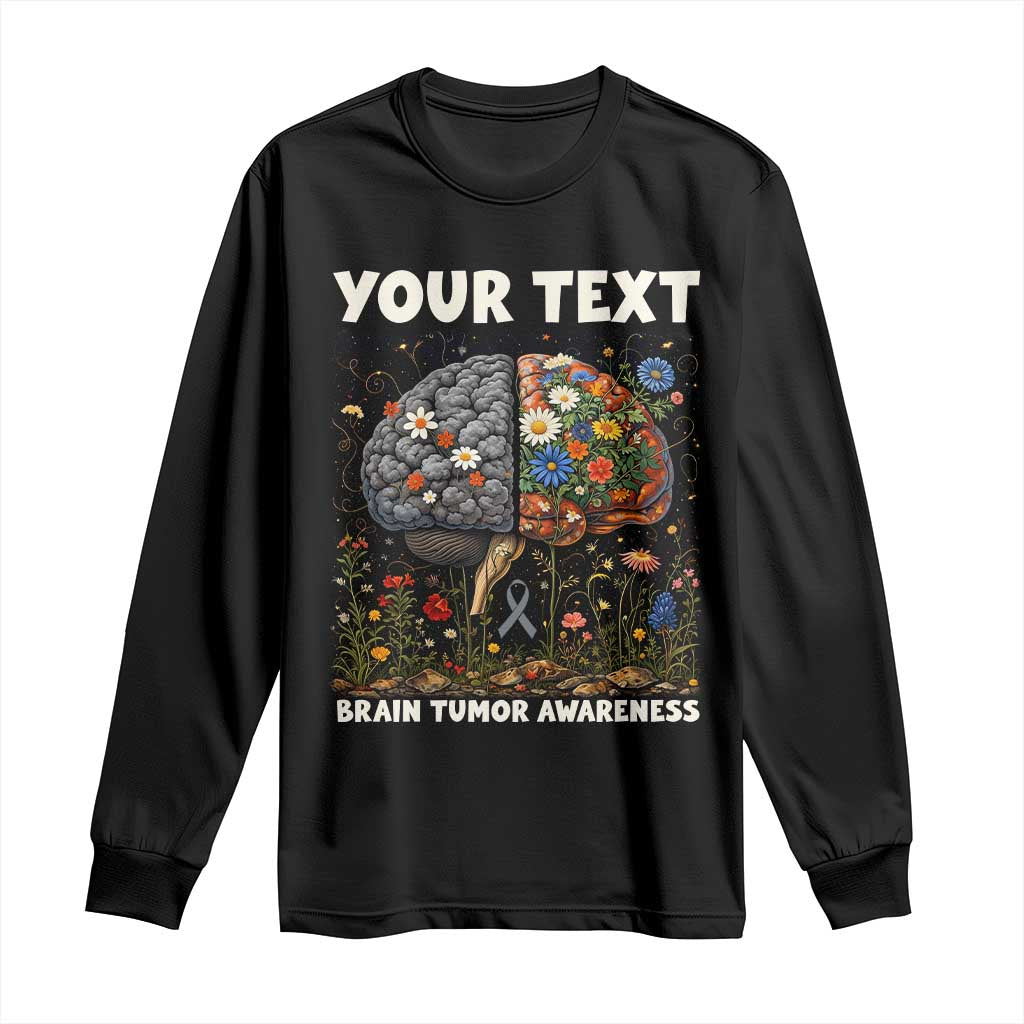 Personalized Brain Tumor Warrior Long Sleeve Shirt Custom Name Gray Ribbon Brain Cancer Support