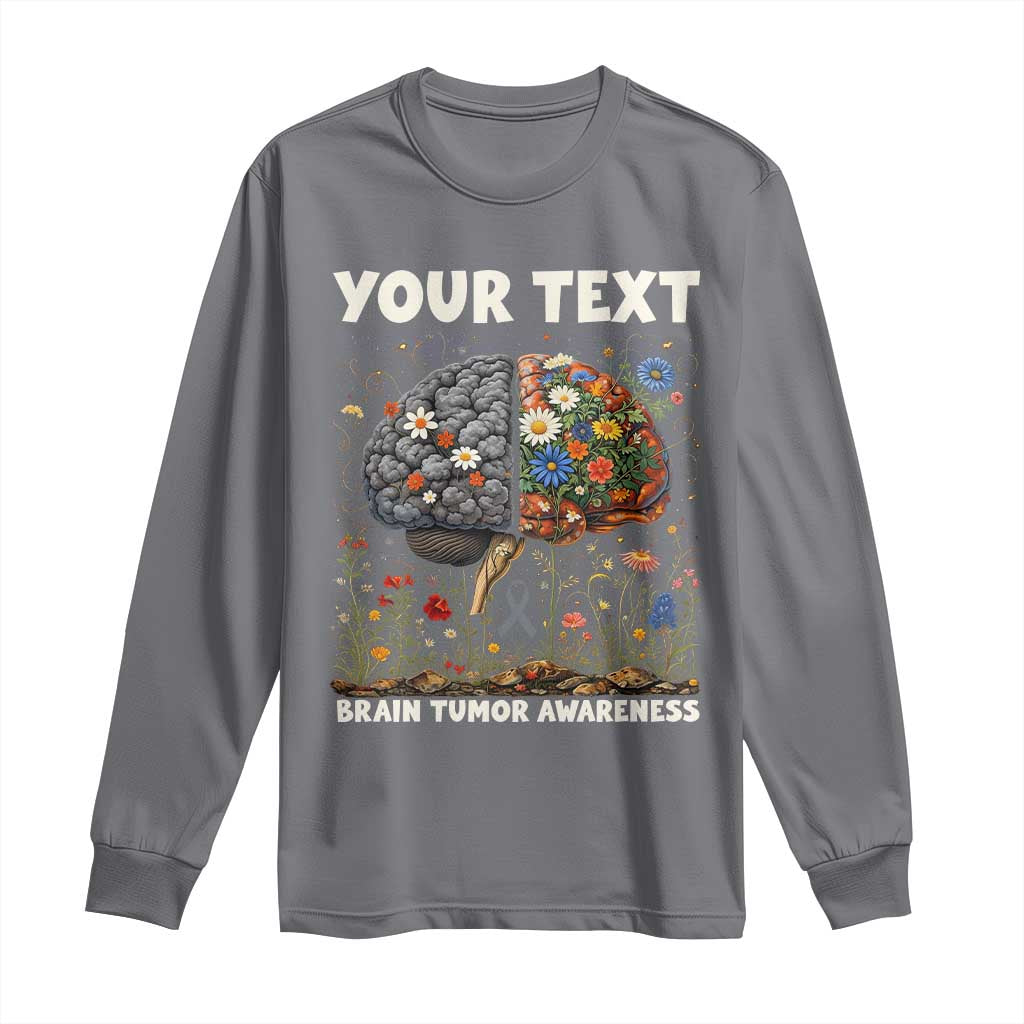 Personalized Brain Tumor Warrior Long Sleeve Shirt Custom Name Gray Ribbon Brain Cancer Support