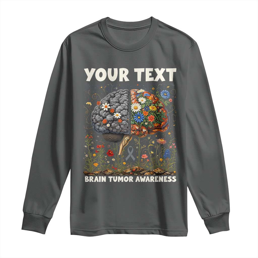 Personalized Brain Tumor Warrior Long Sleeve Shirt Custom Name Gray Ribbon Brain Cancer Support