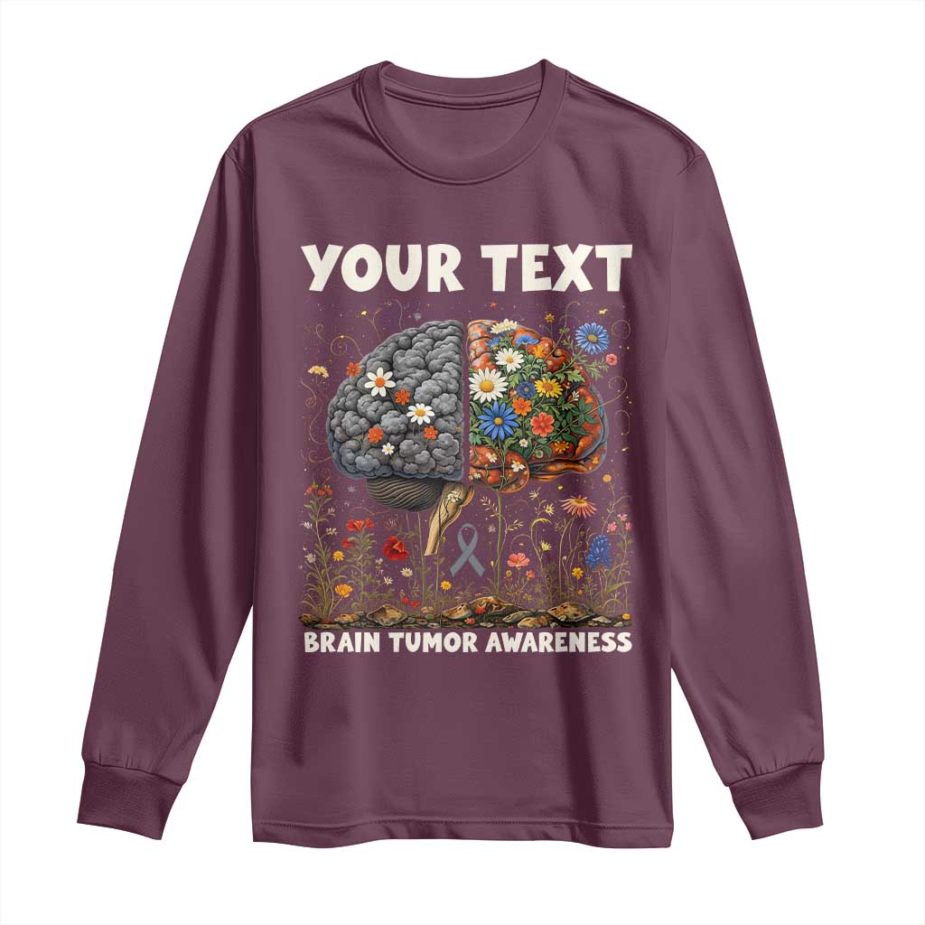 Personalized Brain Tumor Warrior Long Sleeve Shirt Custom Name Gray Ribbon Brain Cancer Support