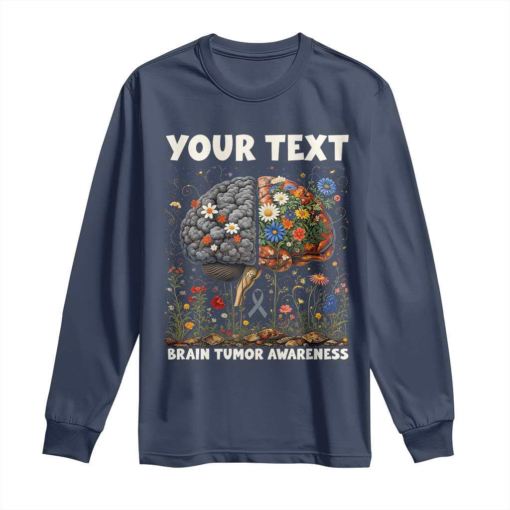 Personalized Brain Tumor Warrior Long Sleeve Shirt Custom Name Gray Ribbon Brain Cancer Support