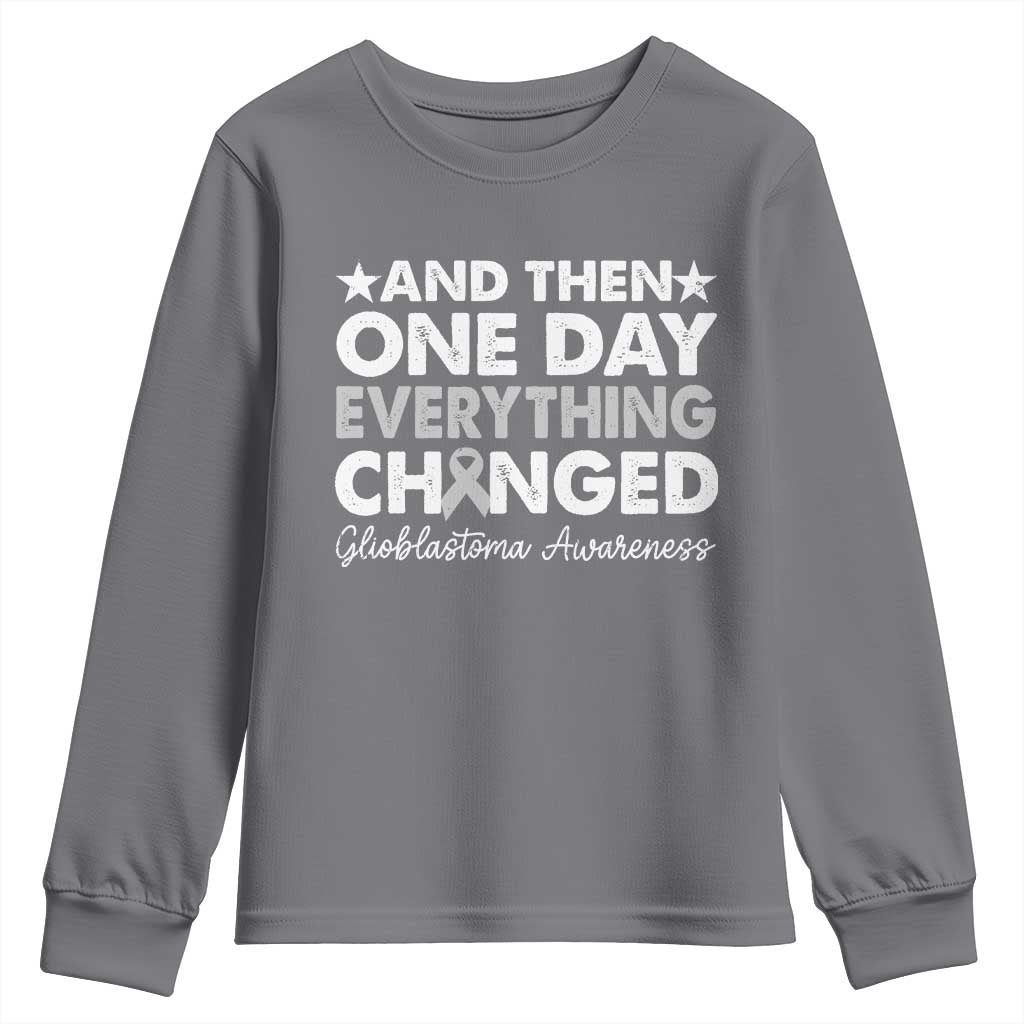 Glioblastoma Support Youth Sweatshirt Retro Fight Brain Tumor Cure Gray Ribbon