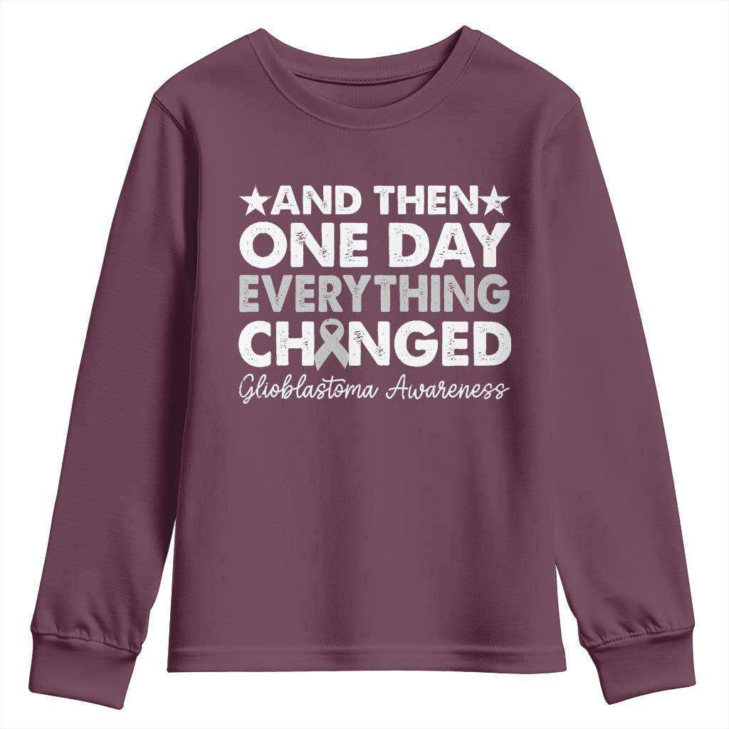 Glioblastoma Support Youth Sweatshirt Retro Fight Brain Tumor Cure Gray Ribbon