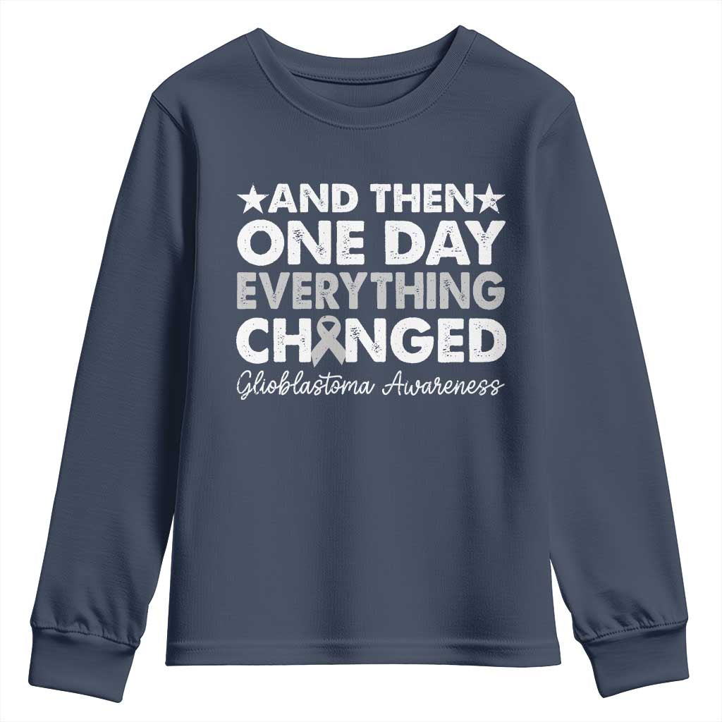 Glioblastoma Support Youth Sweatshirt Retro Fight Brain Tumor Cure Gray Ribbon
