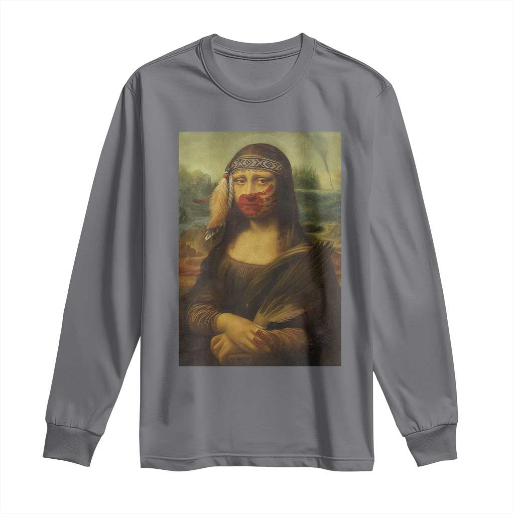 MMIW Movement Long Sleeve Shirt Mona Lisa Red Handprint Indigenous Woman Stop Stolen Sisters
