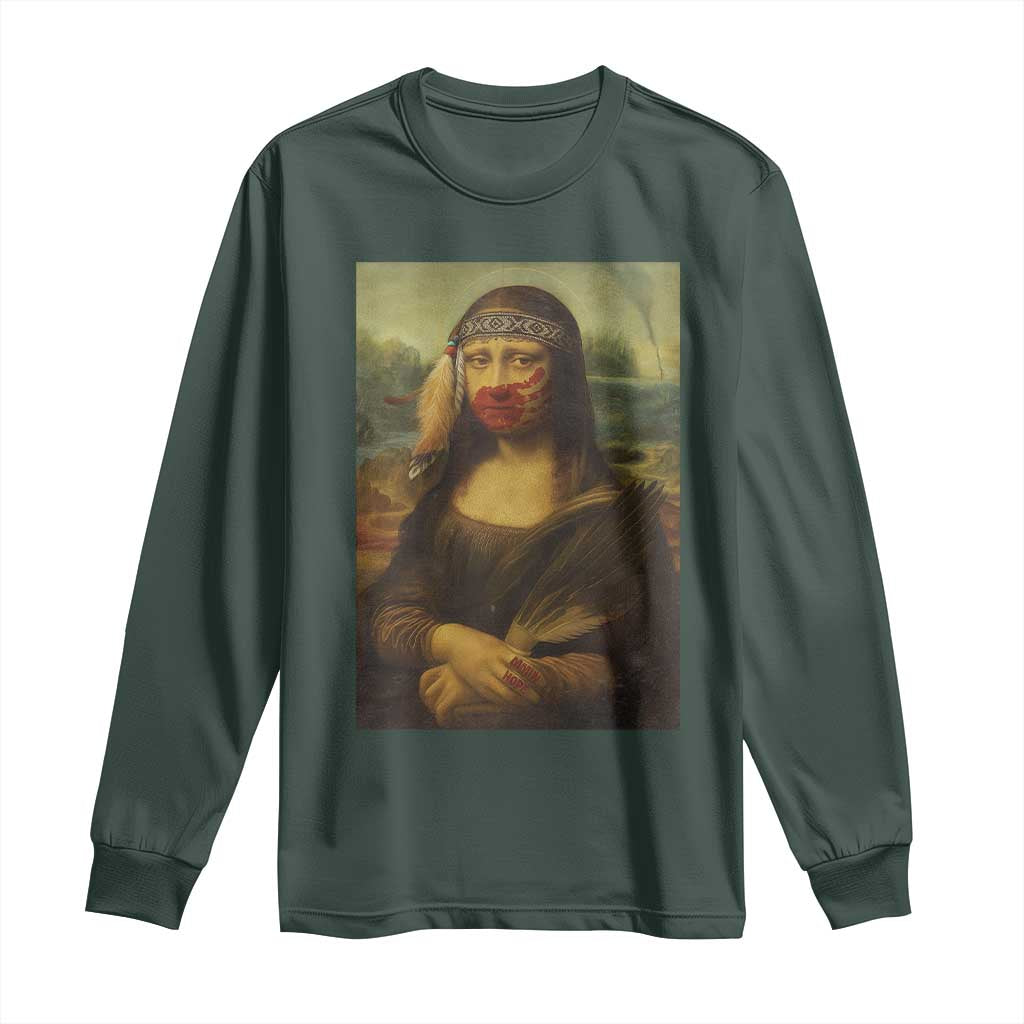 MMIW Movement Long Sleeve Shirt Mona Lisa Red Handprint Indigenous Woman Stop Stolen Sisters
