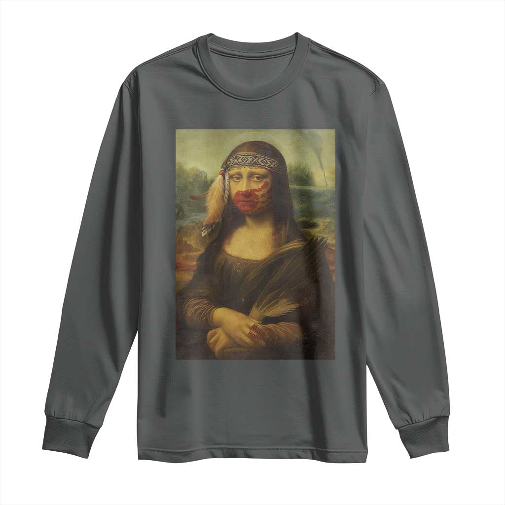 MMIW Movement Long Sleeve Shirt Mona Lisa Red Handprint Indigenous Woman Stop Stolen Sisters
