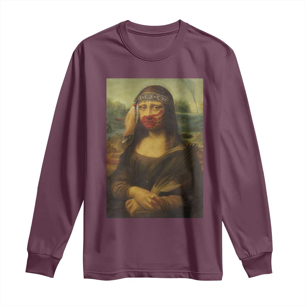 MMIW Movement Long Sleeve Shirt Mona Lisa Red Handprint Indigenous Woman Stop Stolen Sisters