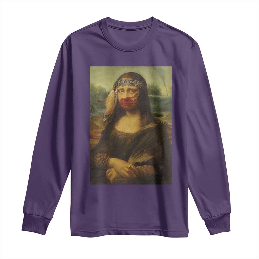 MMIW Movement Long Sleeve Shirt Mona Lisa Red Handprint Indigenous Woman Stop Stolen Sisters