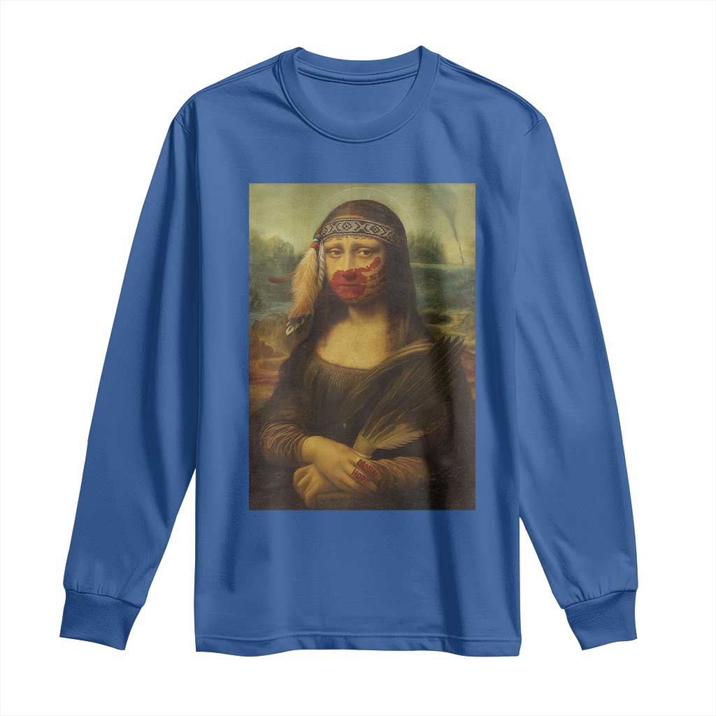 MMIW Movement Long Sleeve Shirt Mona Lisa Red Handprint Indigenous Woman Stop Stolen Sisters