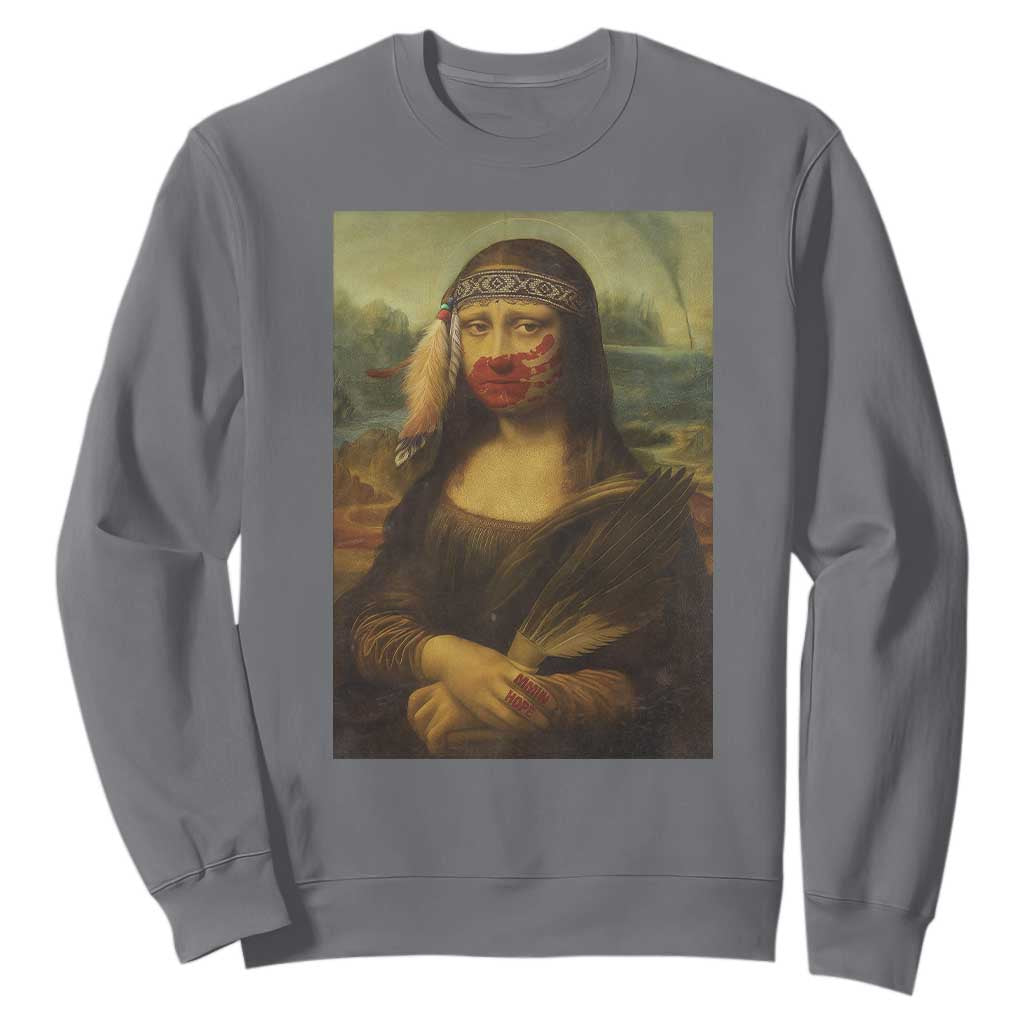 MMIW Movement Sweatshirt Mona Lisa Red Handprint Indigenous Woman Stop Stolen Sisters