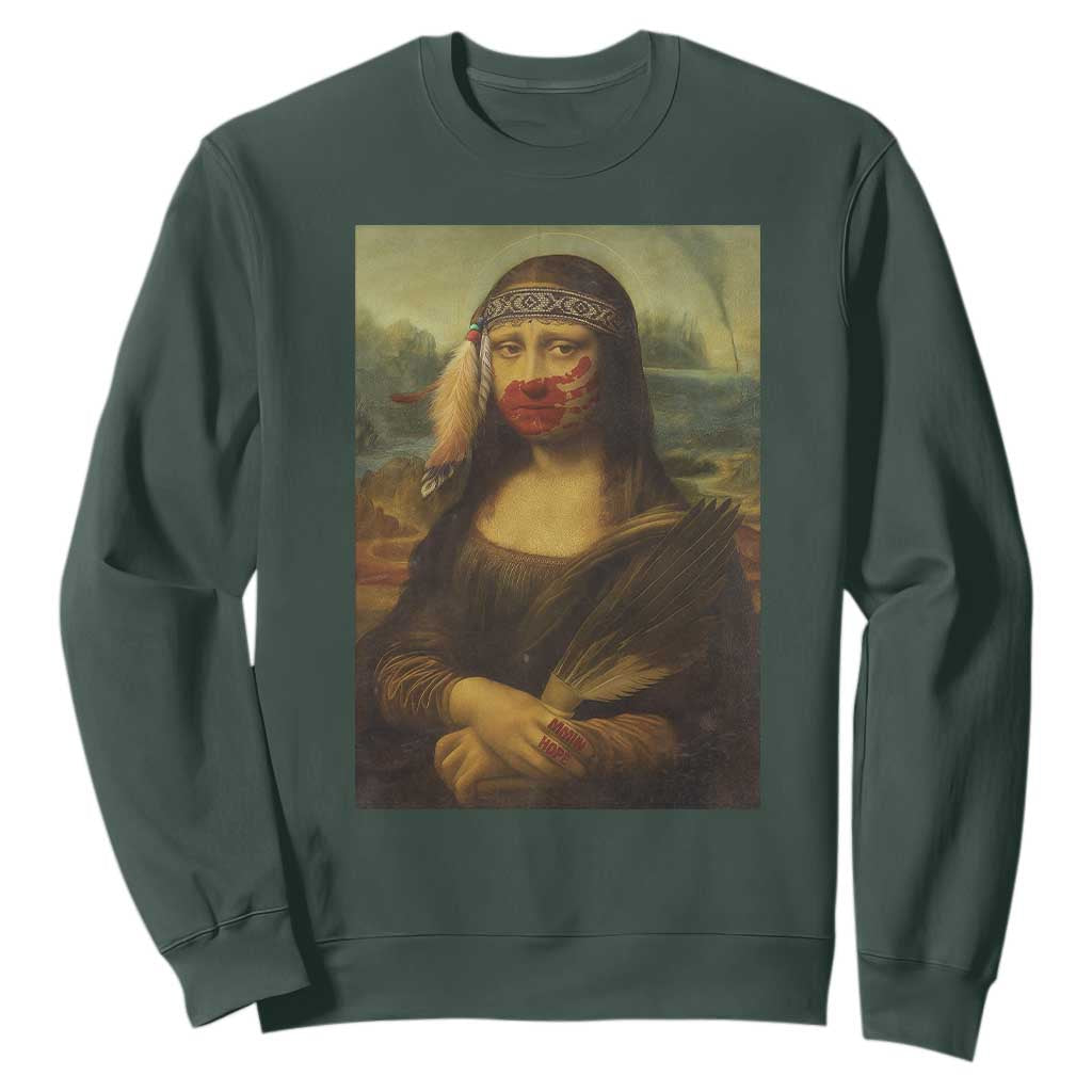 MMIW Movement Sweatshirt Mona Lisa Red Handprint Indigenous Woman Stop Stolen Sisters