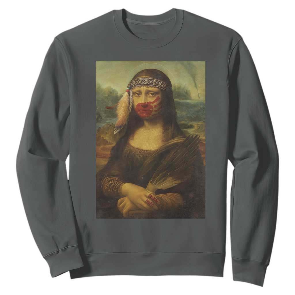 MMIW Movement Sweatshirt Mona Lisa Red Handprint Indigenous Woman Stop Stolen Sisters