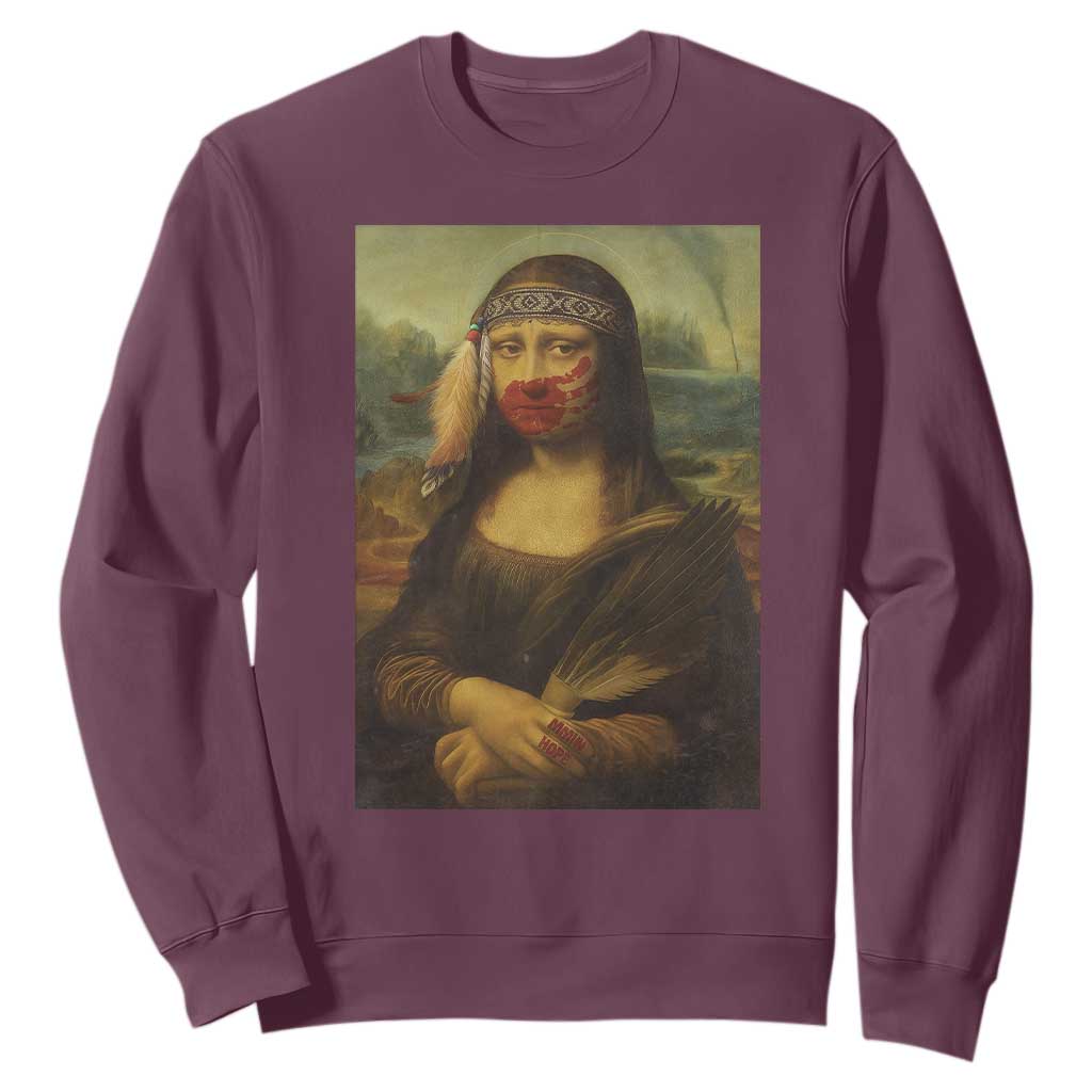 MMIW Movement Sweatshirt Mona Lisa Red Handprint Indigenous Woman Stop Stolen Sisters