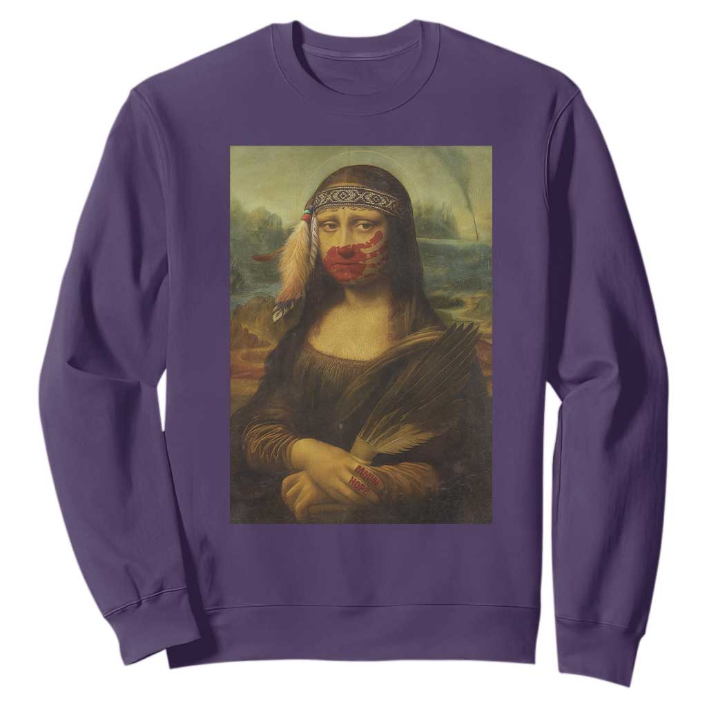 MMIW Movement Sweatshirt Mona Lisa Red Handprint Indigenous Woman Stop Stolen Sisters