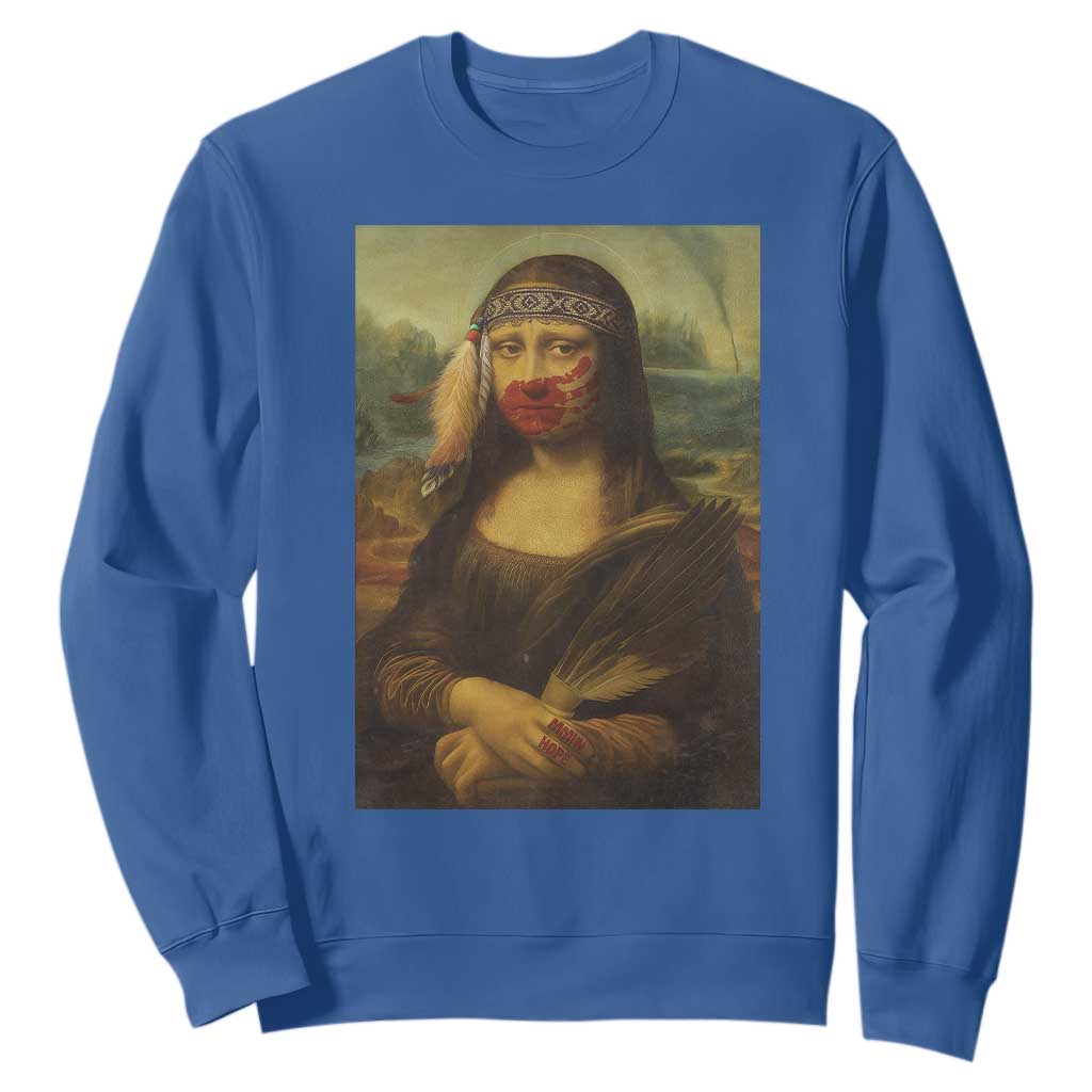 MMIW Movement Sweatshirt Mona Lisa Red Handprint Indigenous Woman Stop Stolen Sisters