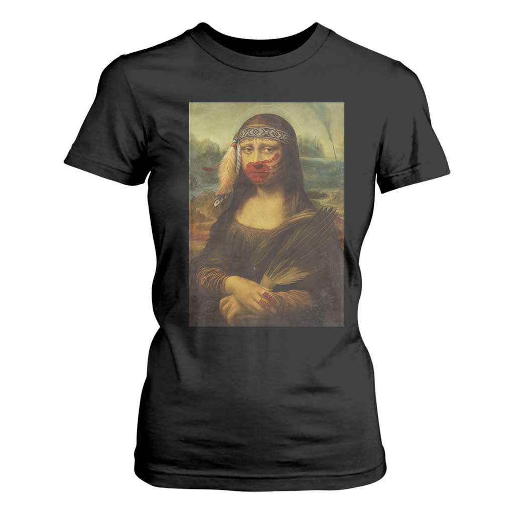 MMIW Movement T Shirt For Women Mona Lisa Red Handprint Indigenous Woman Stop Stolen Sisters