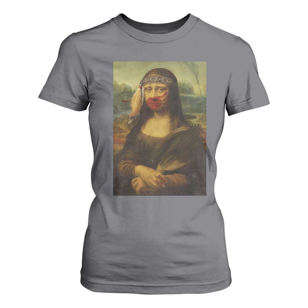 MMIW Movement T Shirt For Women Mona Lisa Red Handprint Indigenous Woman Stop Stolen Sisters