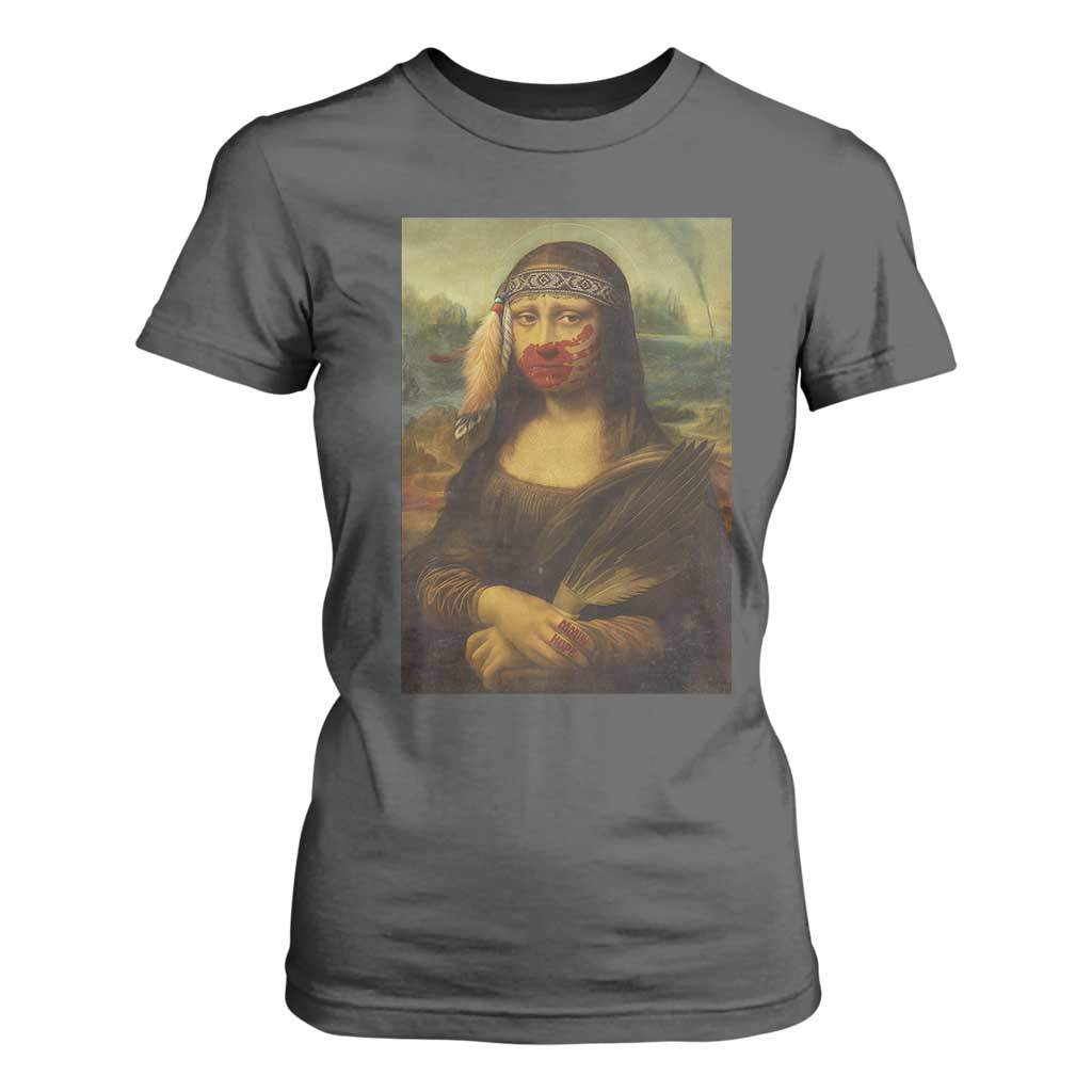MMIW Movement T Shirt For Women Mona Lisa Red Handprint Indigenous Woman Stop Stolen Sisters
