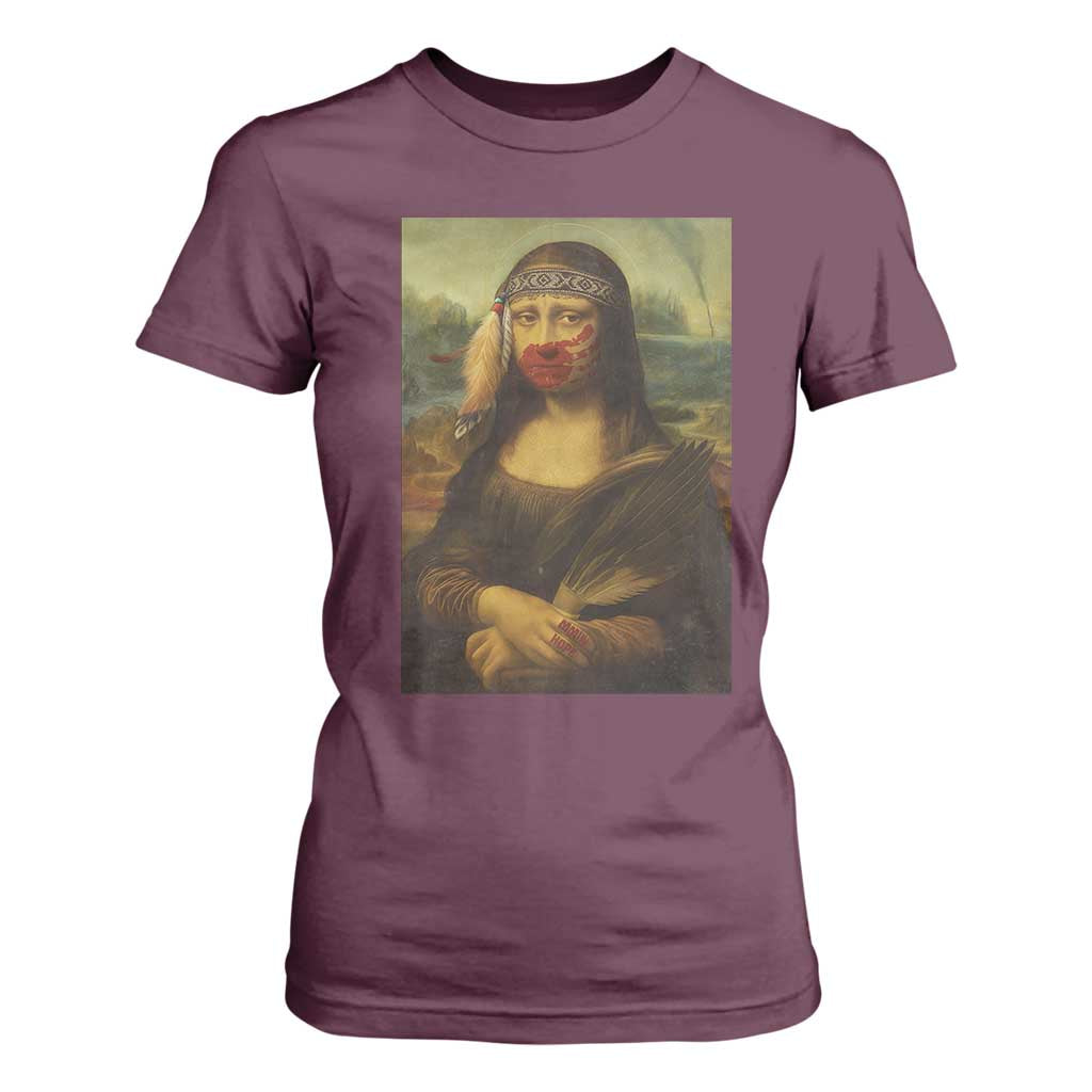 MMIW Movement T Shirt For Women Mona Lisa Red Handprint Indigenous Woman Stop Stolen Sisters