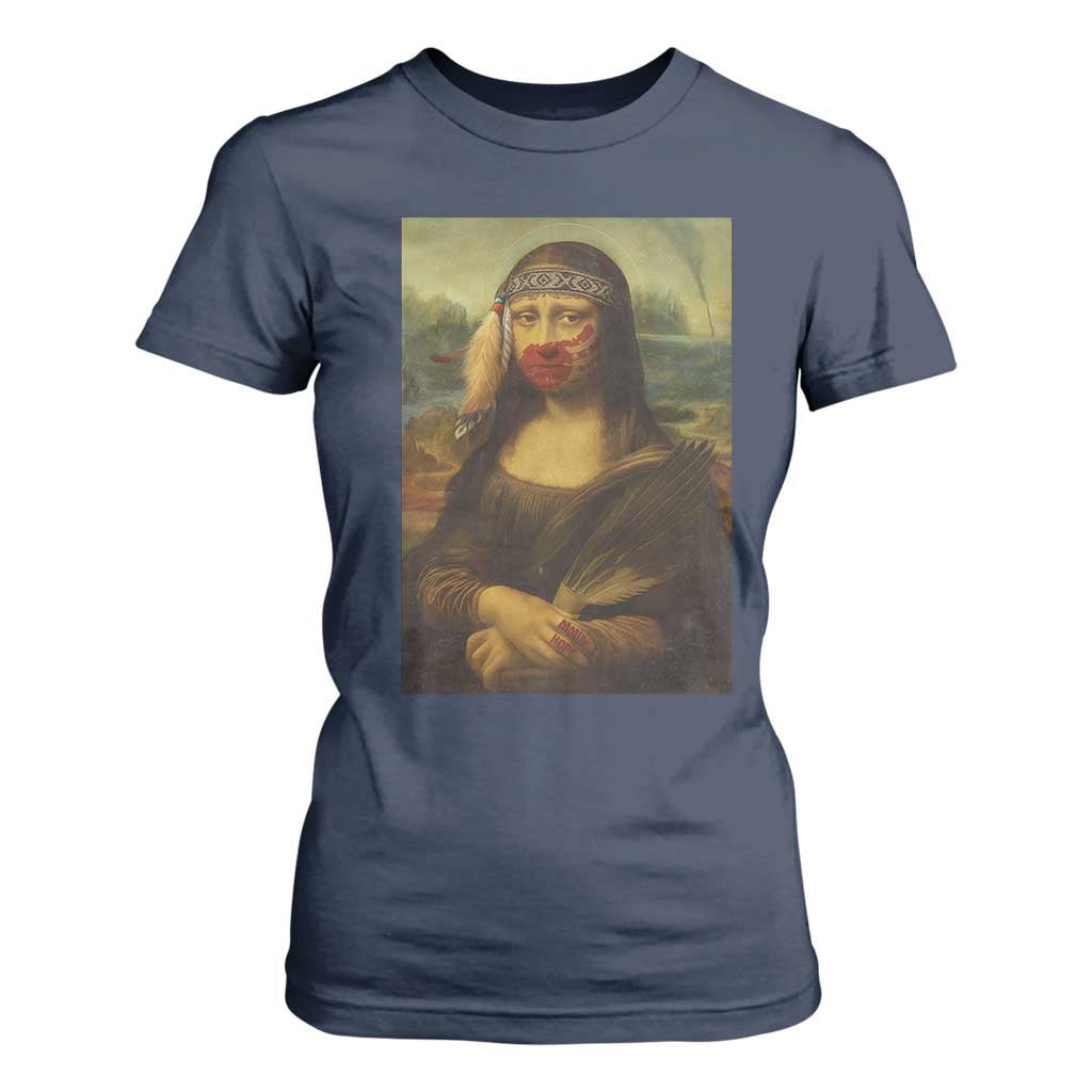 MMIW Movement T Shirt For Women Mona Lisa Red Handprint Indigenous Woman Stop Stolen Sisters
