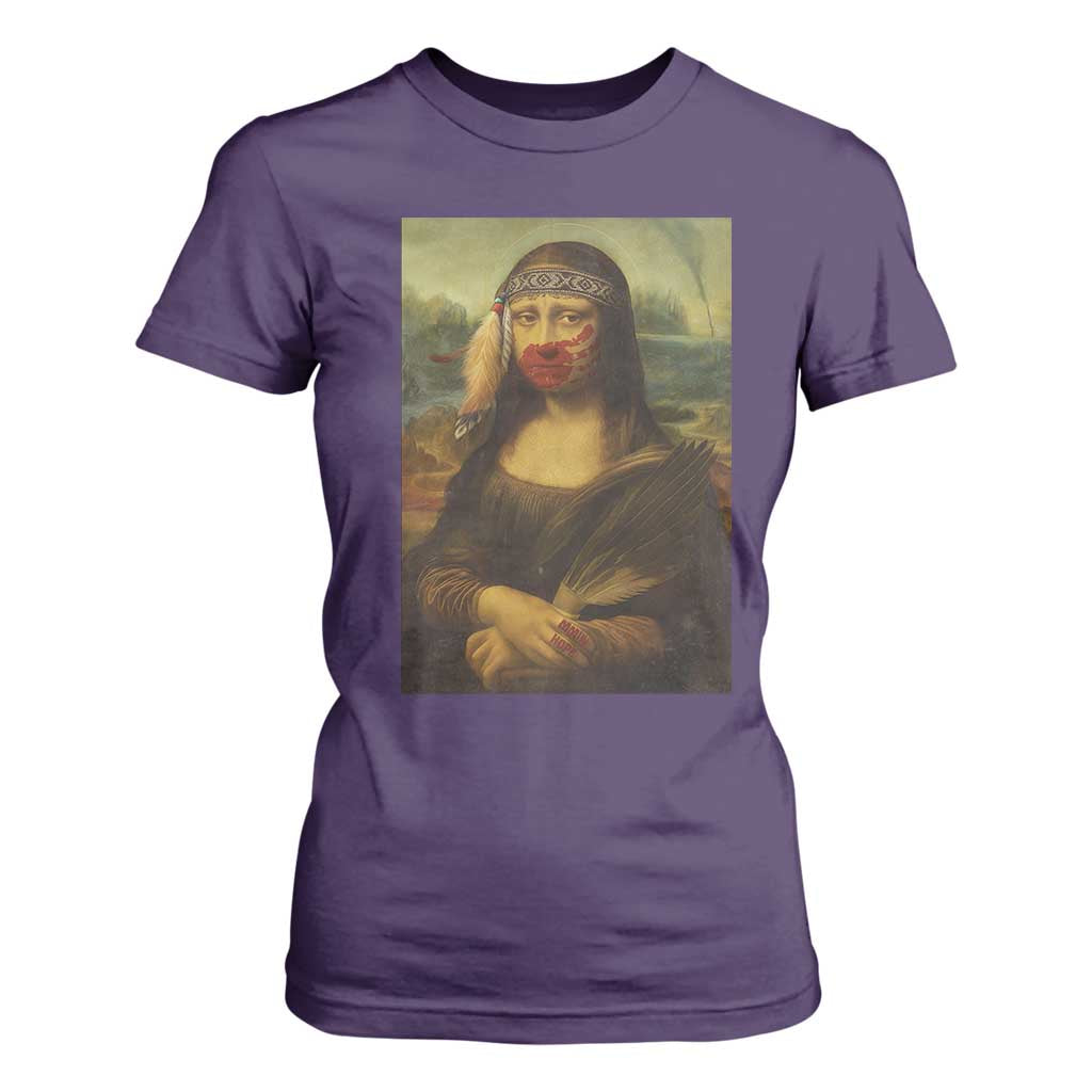 MMIW Movement T Shirt For Women Mona Lisa Red Handprint Indigenous Woman Stop Stolen Sisters