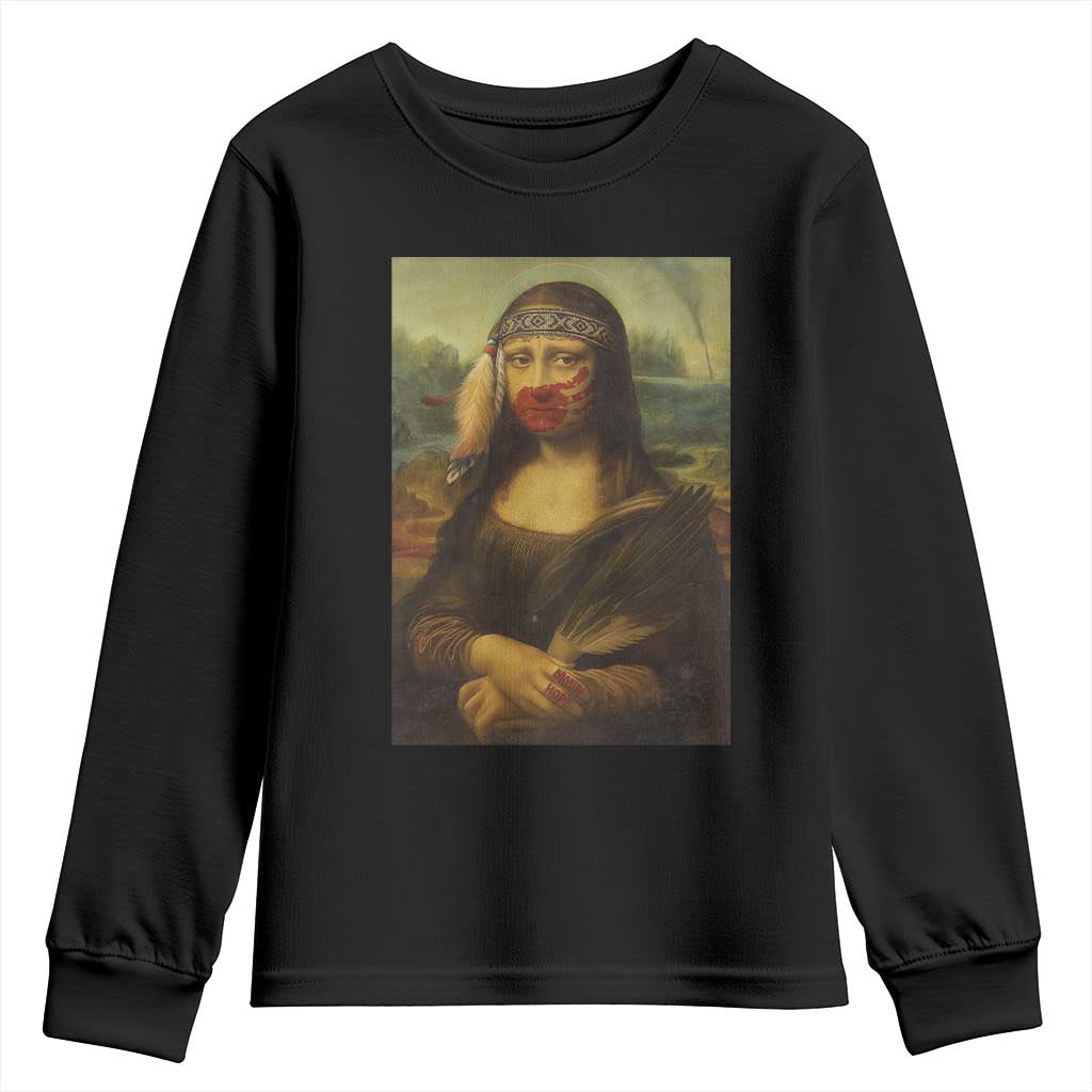 MMIW Movement Youth Sweatshirt Mona Lisa Red Handprint Indigenous Woman Stop Stolen Sisters