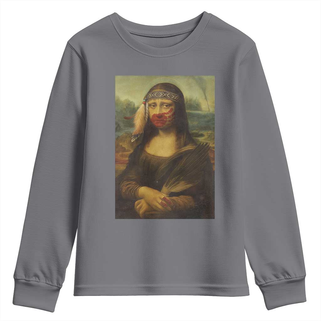 MMIW Movement Youth Sweatshirt Mona Lisa Red Handprint Indigenous Woman Stop Stolen Sisters