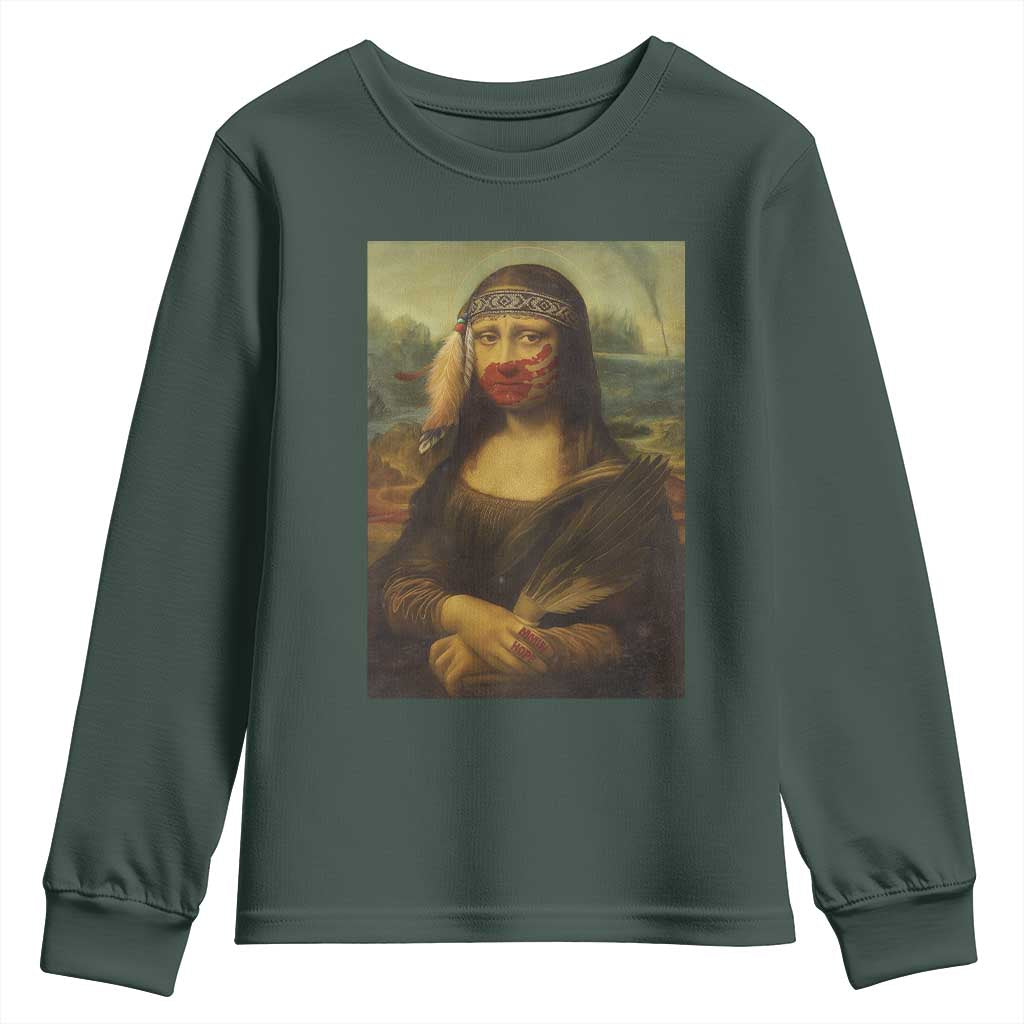 MMIW Movement Youth Sweatshirt Mona Lisa Red Handprint Indigenous Woman Stop Stolen Sisters