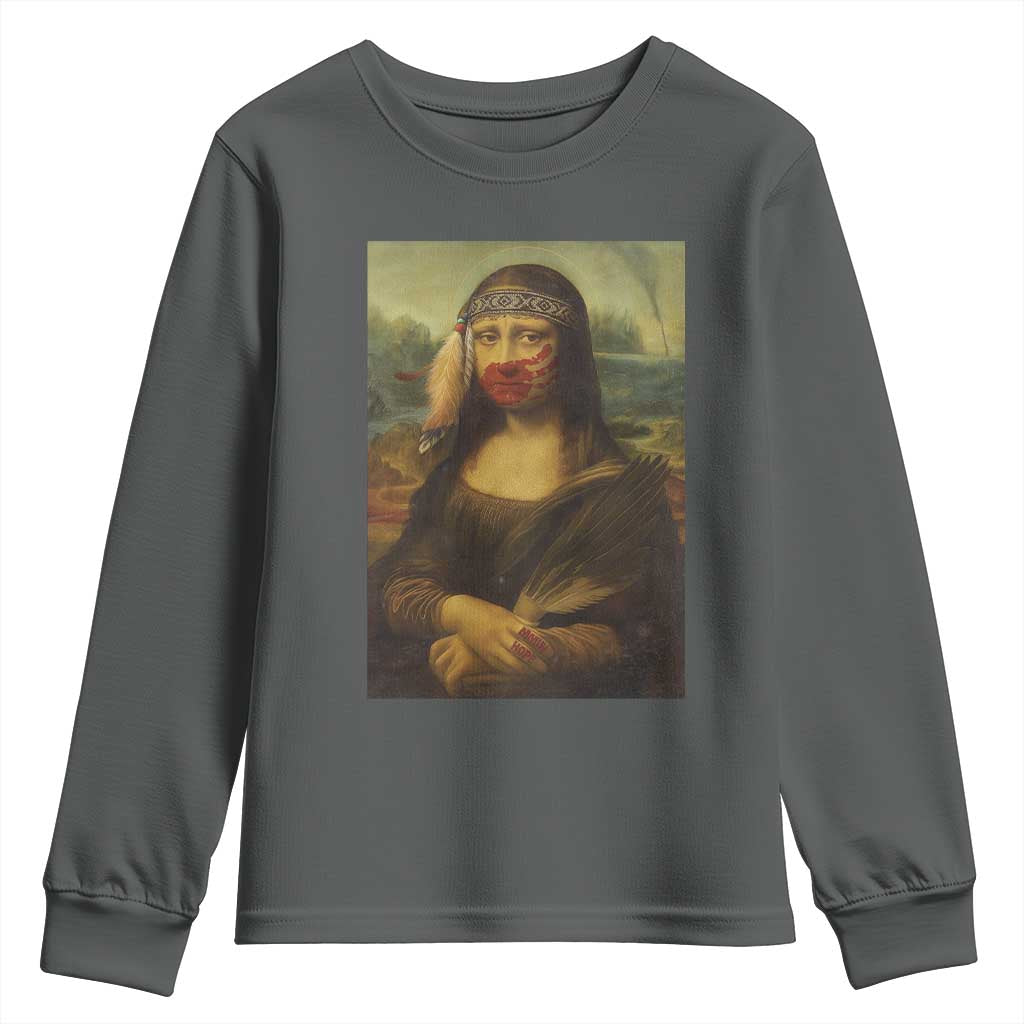 MMIW Movement Youth Sweatshirt Mona Lisa Red Handprint Indigenous Woman Stop Stolen Sisters