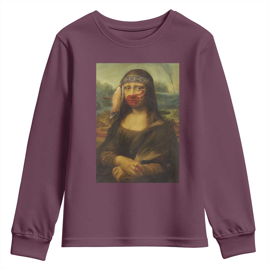 MMIW Movement Youth Sweatshirt Mona Lisa Red Handprint Indigenous Woman Stop Stolen Sisters