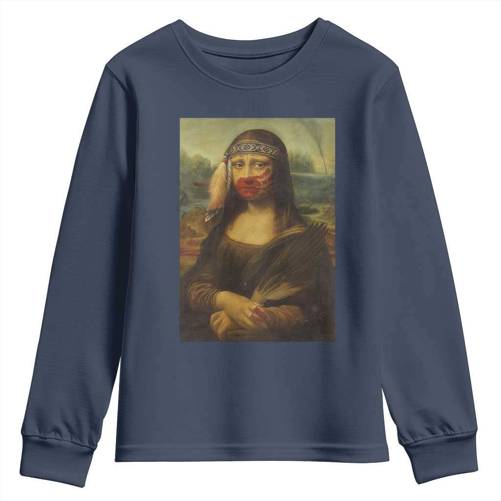 MMIW Movement Youth Sweatshirt Mona Lisa Red Handprint Indigenous Woman Stop Stolen Sisters