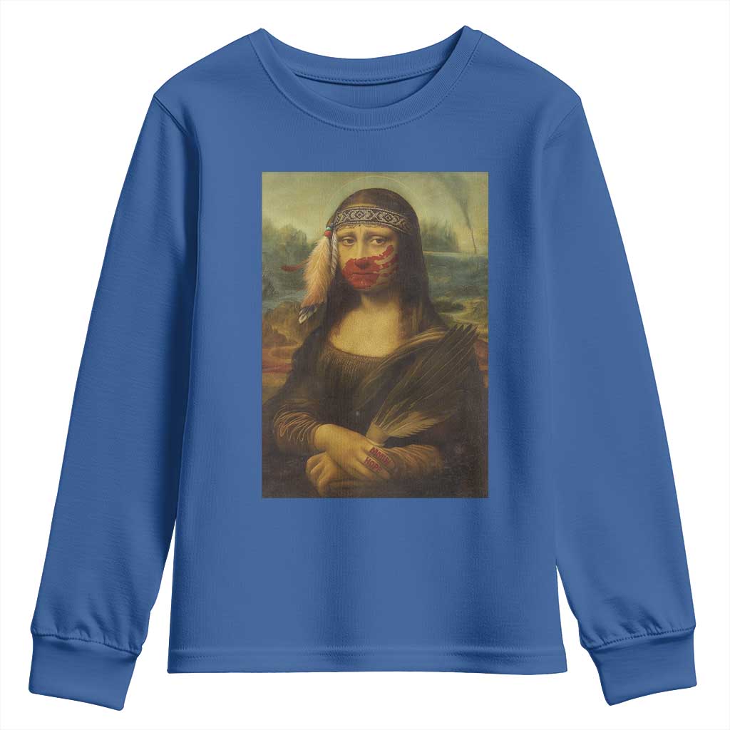 MMIW Movement Youth Sweatshirt Mona Lisa Red Handprint Indigenous Woman Stop Stolen Sisters