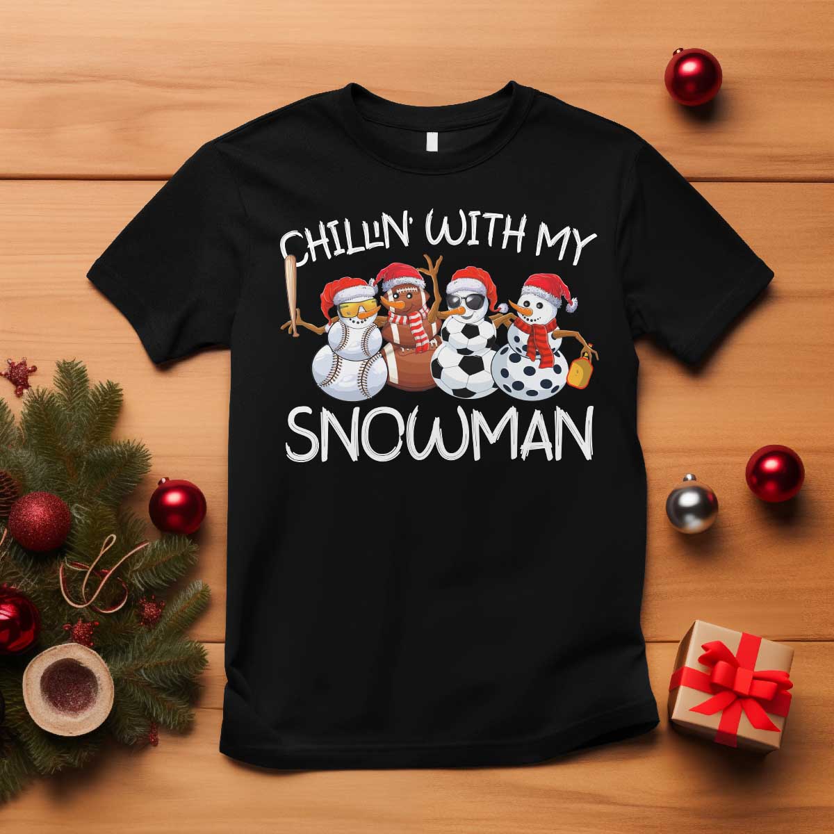 snowman-christmas-t-shirt-football-soccer-baseball-pickleball-chillin-with-my-snowmies-ugly-gift