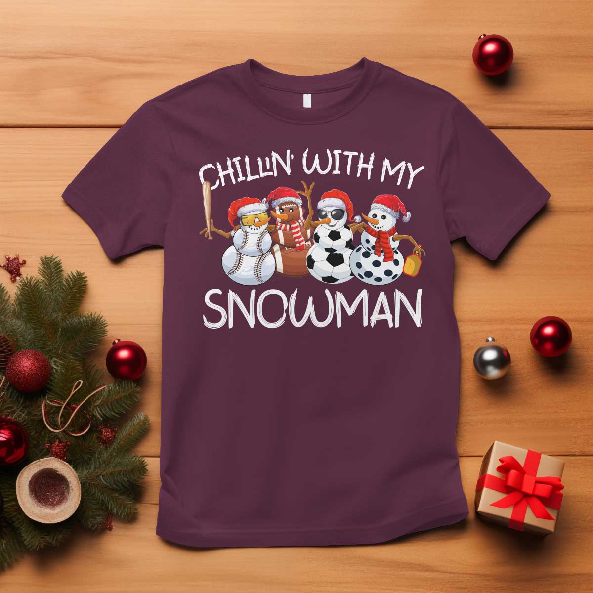 snowman-christmas-t-shirt-football-soccer-baseball-pickleball-chillin-with-my-snowmies-ugly-gift