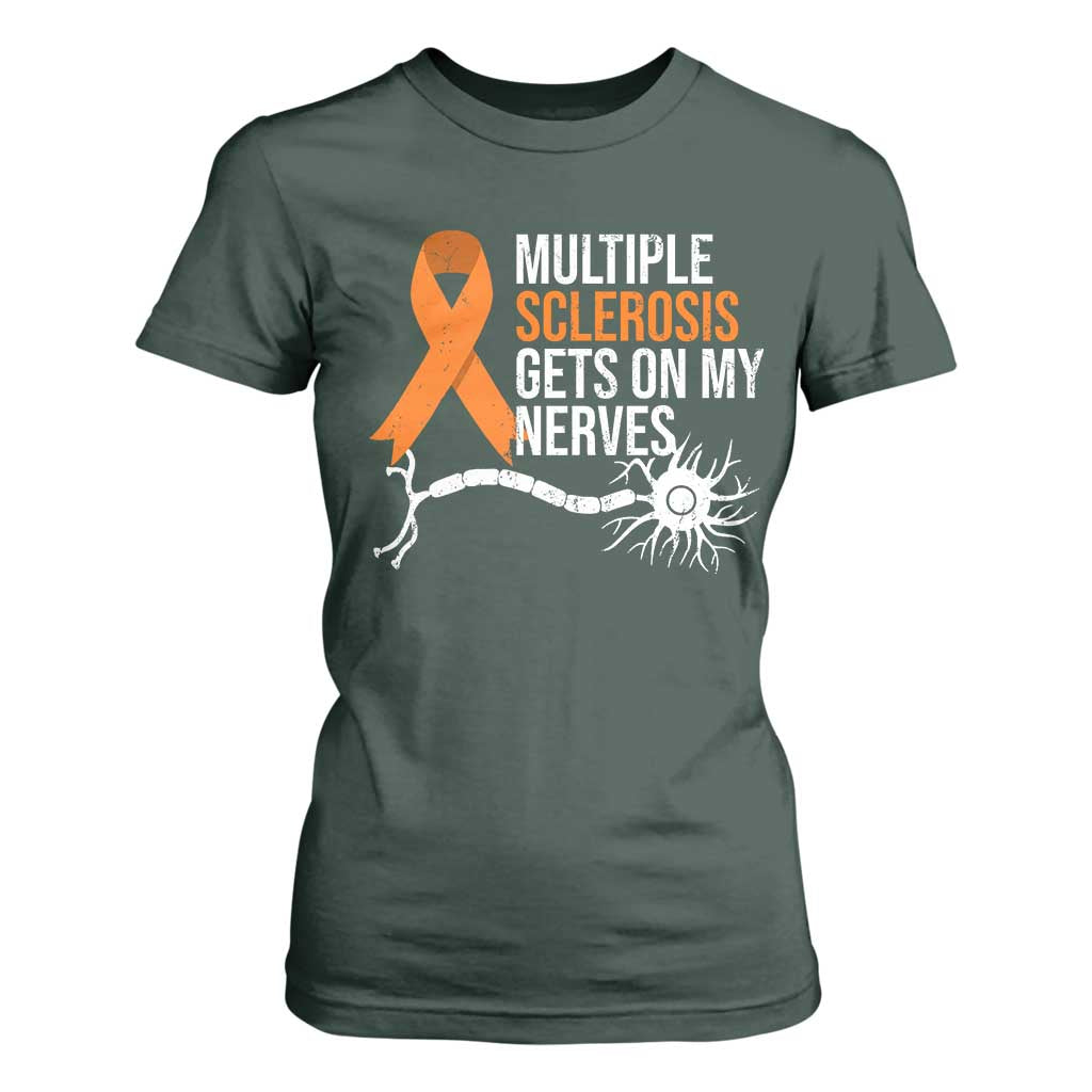 Multiple Sclerosis Support T Shirt For Women Orange Ribbon MS Gets On My Nerves