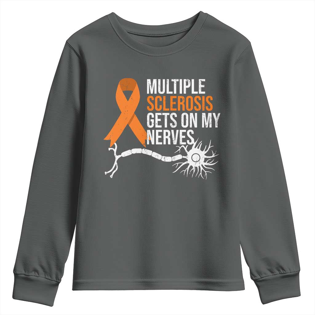 Multiple Sclerosis Support Youth Sweatshirt Orange Ribbon MS Gets On My Nerves