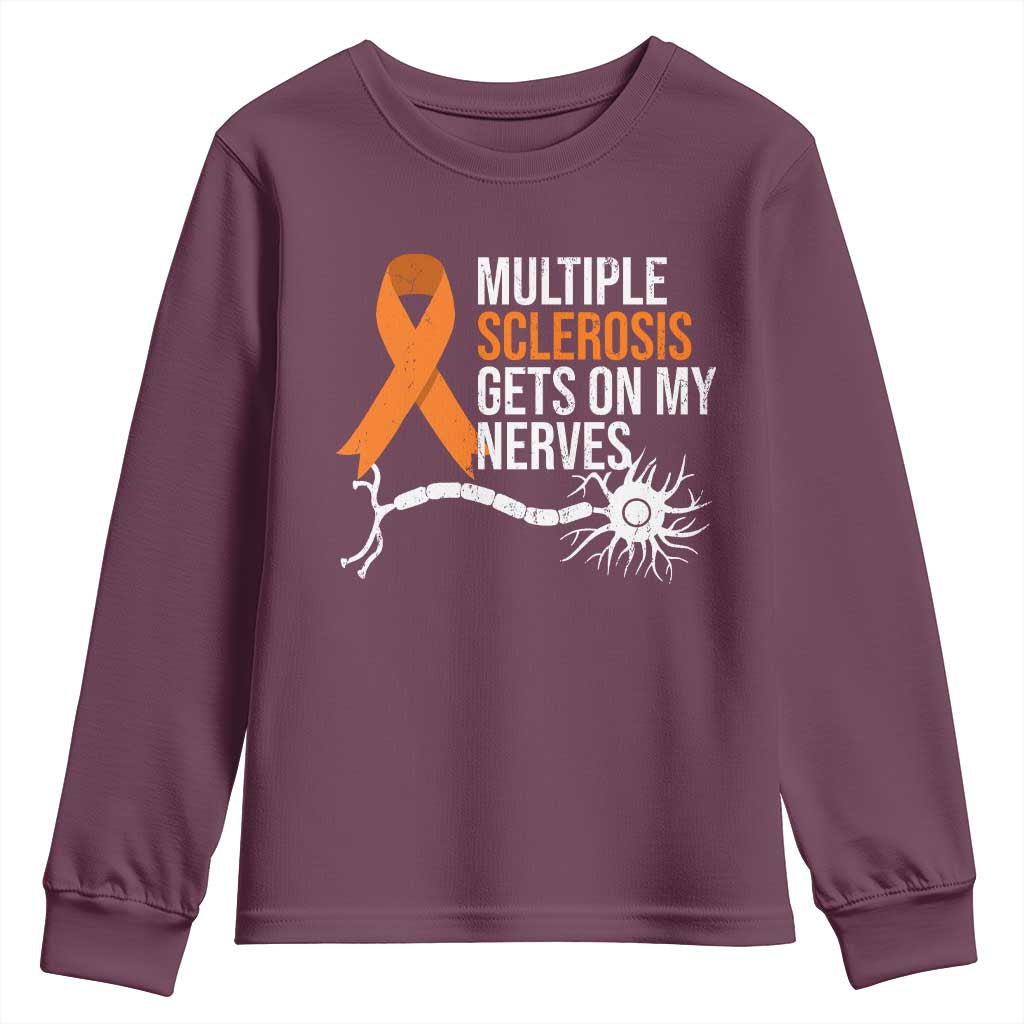 Multiple Sclerosis Support Youth Sweatshirt Orange Ribbon MS Gets On My Nerves