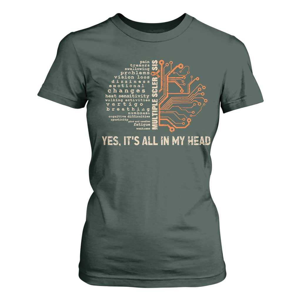 Multiple Sclerosis Support T Shirt For Women Orange Ribbon Yes It's All In My Head