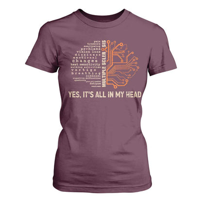 Multiple Sclerosis Support T Shirt For Women Orange Ribbon Yes It's All In My Head