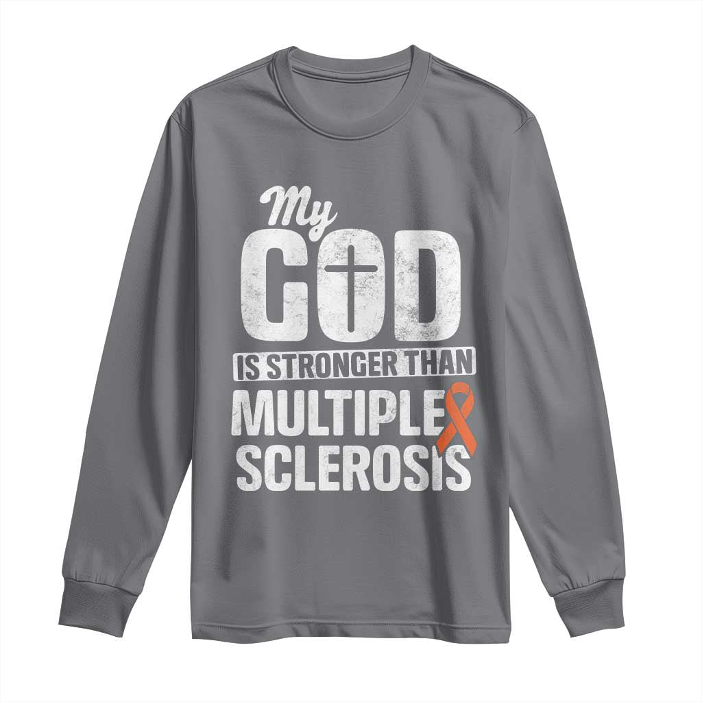 God Stronger Multiple Sclerosis Support Squad Long Sleeve Shirt Orange Ribbon MS Fighter