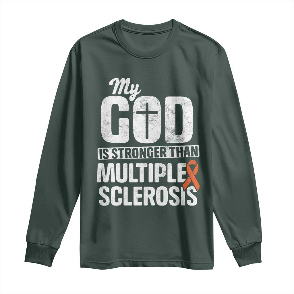 God Stronger Multiple Sclerosis Support Squad Long Sleeve Shirt Orange Ribbon MS Fighter