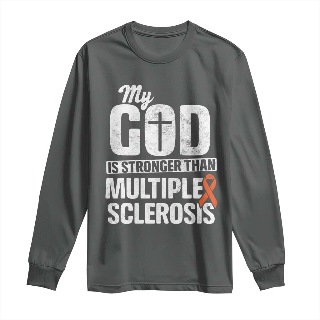 God Stronger Multiple Sclerosis Support Squad Long Sleeve Shirt Orange Ribbon MS Fighter