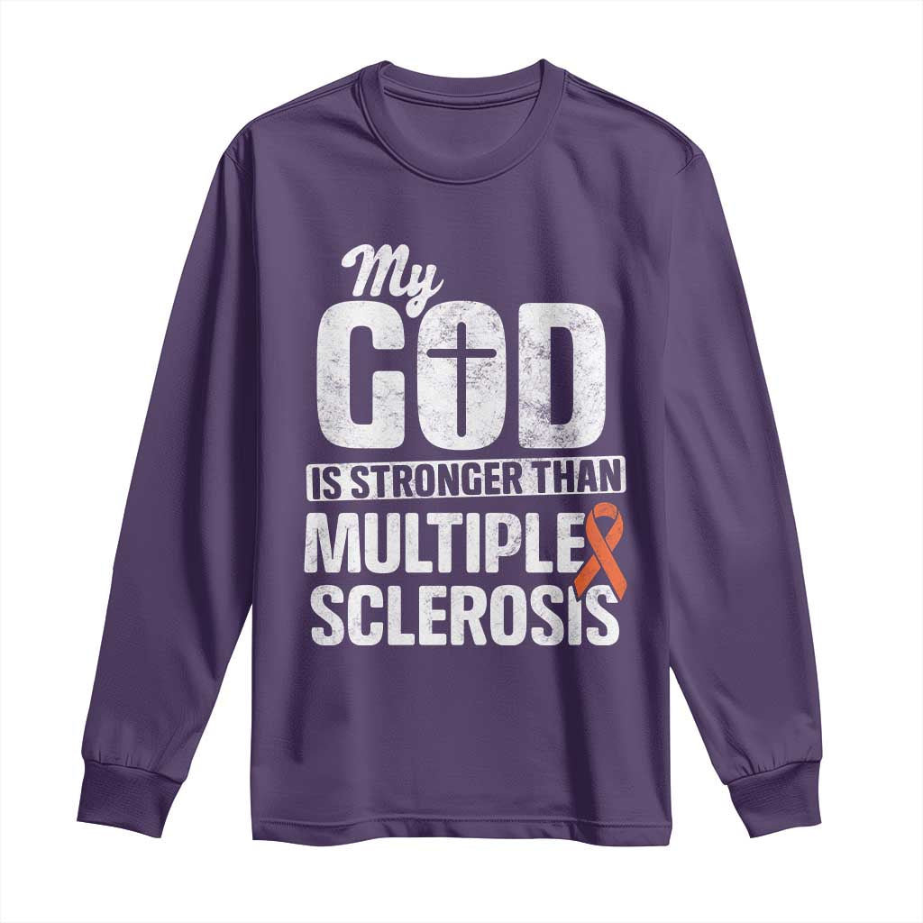 God Stronger Multiple Sclerosis Support Squad Long Sleeve Shirt Orange Ribbon MS Fighter