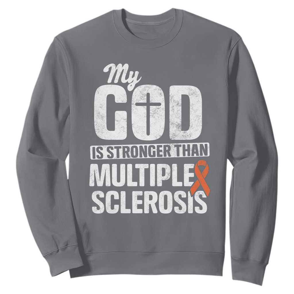 God Stronger Multiple Sclerosis Support Squad Sweatshirt Orange Ribbon MS Fighter