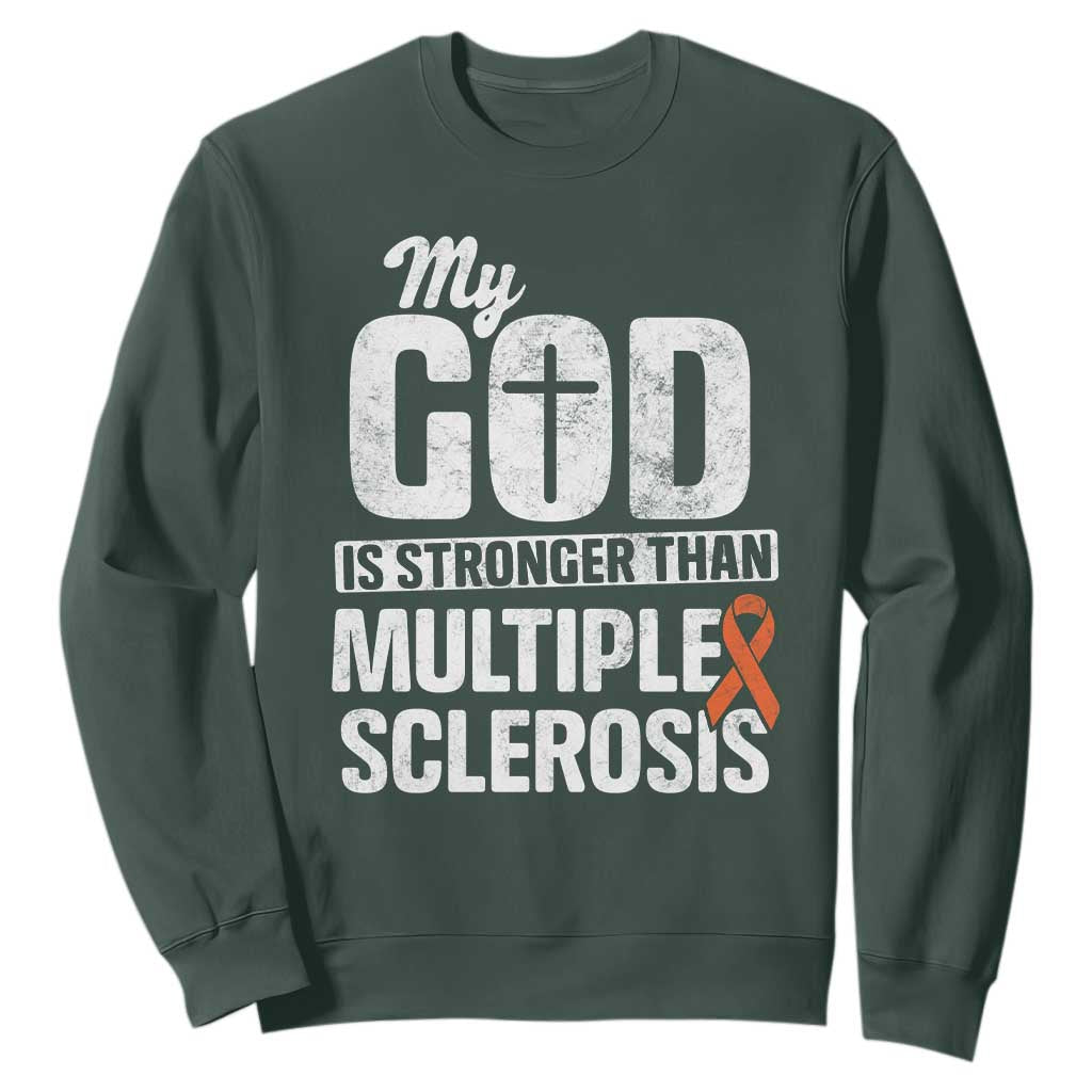 God Stronger Multiple Sclerosis Support Squad Sweatshirt Orange Ribbon MS Fighter