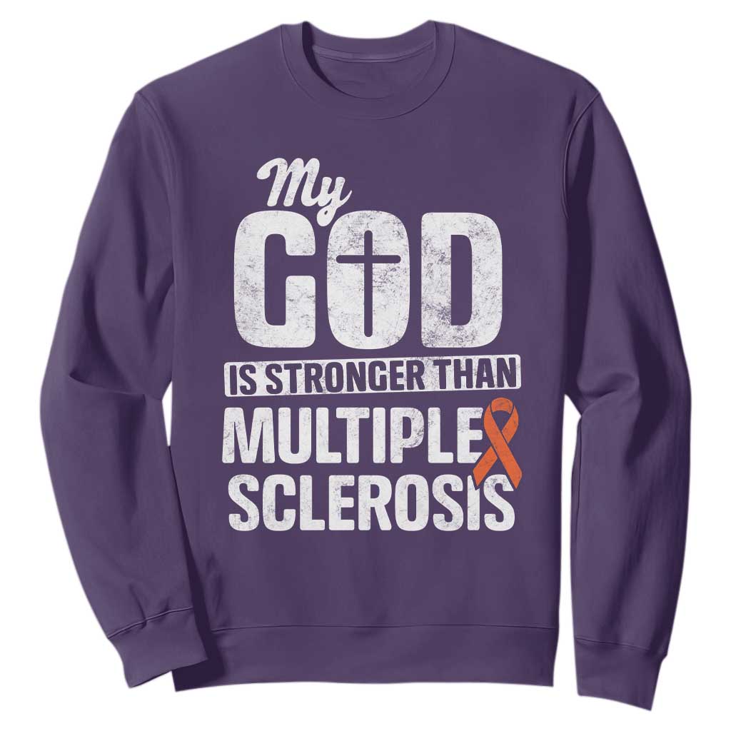 God Stronger Multiple Sclerosis Support Squad Sweatshirt Orange Ribbon MS Fighter