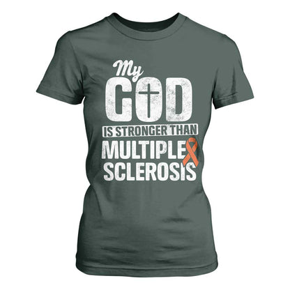 God Stronger Multiple Sclerosis Support Squad T Shirt For Women Orange Ribbon MS Fighter